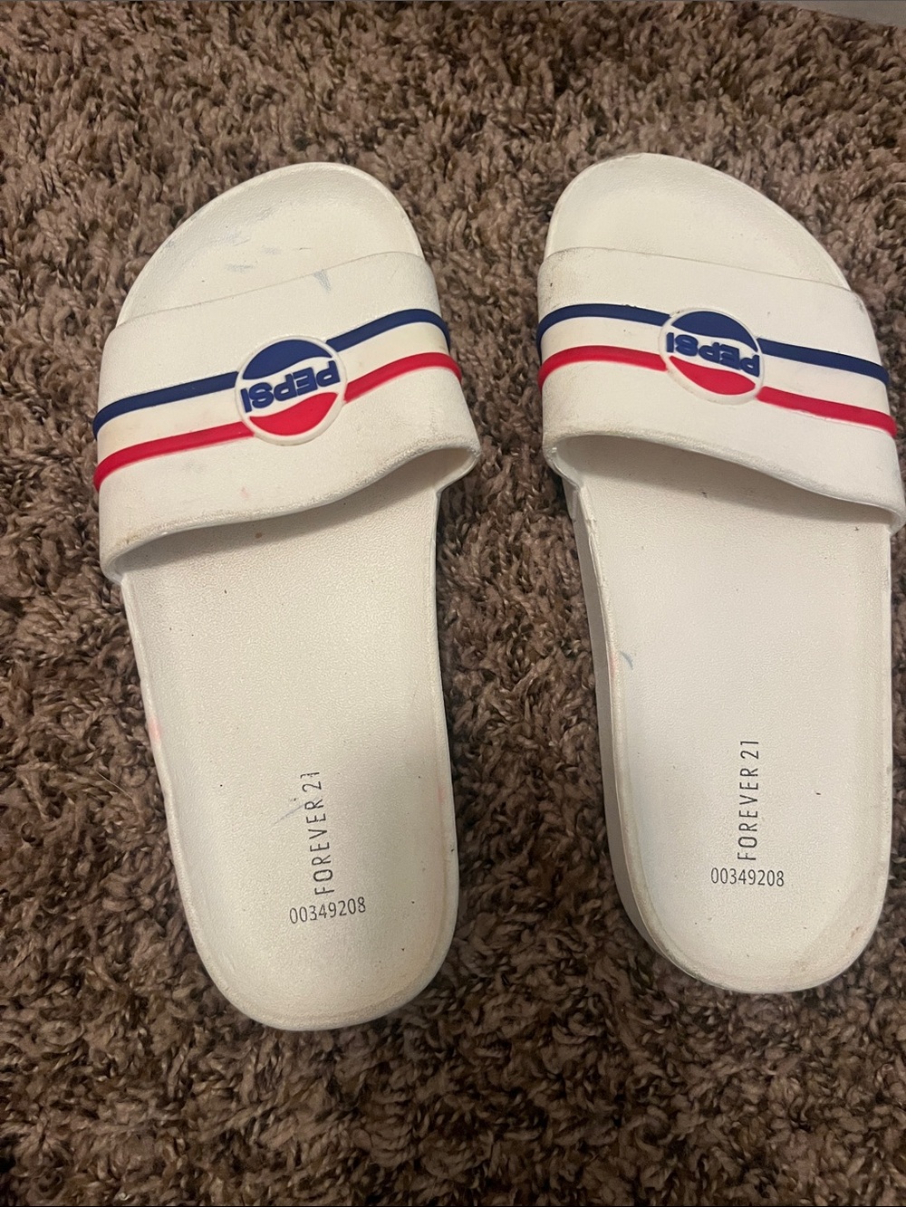 Forever 21 White Slides with Red & Blue Logo Stripes